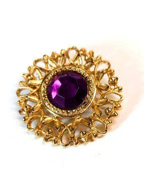 Vintage Gold Tone Filigree Brooch Purple Glass Faceted Round Pin